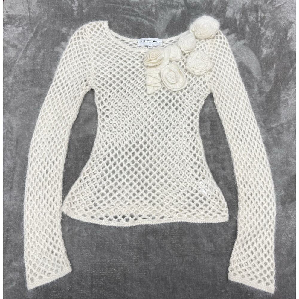 Nicowa Angora Blend Sheer Knit Sweater Floral Applique EU 36 S